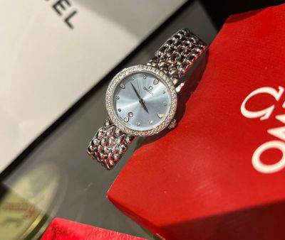 Omega De Ville 27mm Silver Stainless Steel Bracelet Diamond Bezel Blue Dial Women Watch